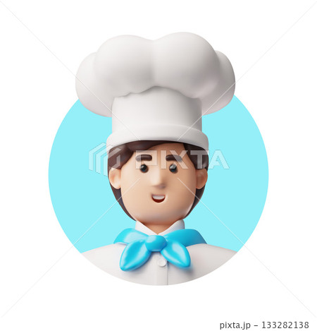 Chef cook man wearing restaurant uniform with hat 3D vector avatar, cartoon professional cook, kitchen staff round frame 133282138