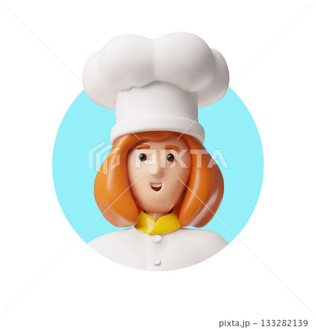 3D woman with red hair and a chef's hat, close-up, round frame with a blue background. 3D woman with red hair and a chef's hat, close-up, round frame with a blue background. 133282139