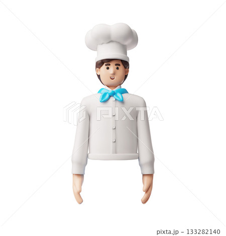 Chef cook wearing restaurant uniform with hat and apron standing, 3D vector cartoon professional kitchen staff half body 133282140