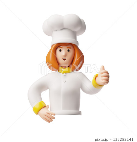 A 3D figurine of a female chef wearing a white hat, standing to her waist, giving a thumbs-up sign. 133282141