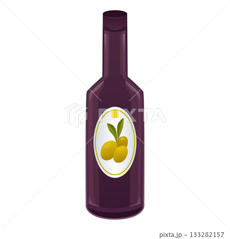 Olive oil in dark glass bottle with label with green olive fruits, olive fruit virgin farm product, vector organic food 133282157