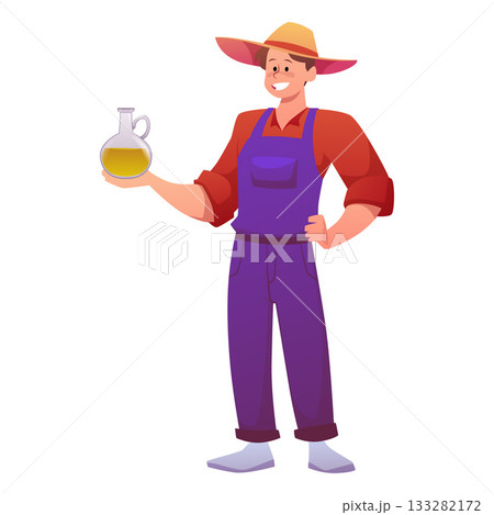 Man farmer holding glass jar with olive oil, olive fruit extra virgin farm product, vector organic cooking ingredient 133282172