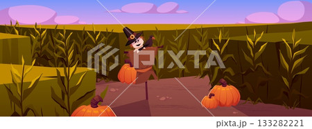 Corn field with scarecrow, pumpkins and a crow vector flat illustration, cartoon corn grows in field, rural Halloween 133282221