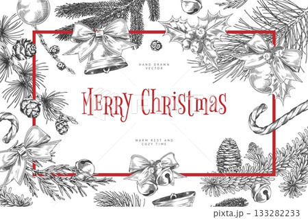 Rectangular red frame with pine branches, a candy cane, pine cones, a bell, and holly, hand-drawn. 133282233