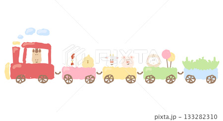 やさしいどうぶつ日和｜農場どうぶつ列車イラスト（ひよこ・うし・ぶた・ひつじ） 133282310