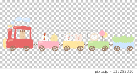 やさしいどうぶつ日和｜農場どうぶつ列車イラスト（ひよこ・うし・ぶた・ひつじ） 133282310
