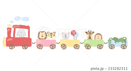 やさしいどうぶつ日和｜ジャングルどうぶつ列車イラスト（ぞう・ライオン・キリン） 133282311