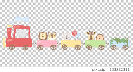 やさしいどうぶつ日和｜ジャングルどうぶつ列車イラスト（ぞう・ライオン・キリン） 133282311