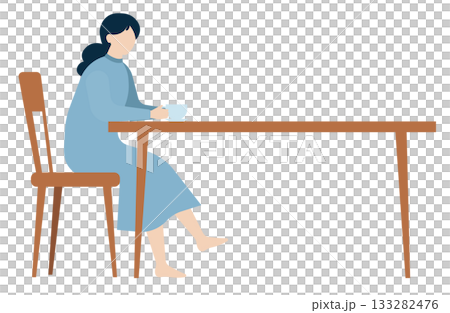 A simple illustration of a woman in a dress relaxing at a table 133282476