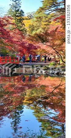 弥彦の紅葉谷、水面に映る紅葉 133282856