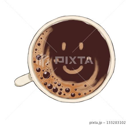 手描きのスマイルコーヒーイラスト（トップビュー・カフェ・かわいい泡） 133283102