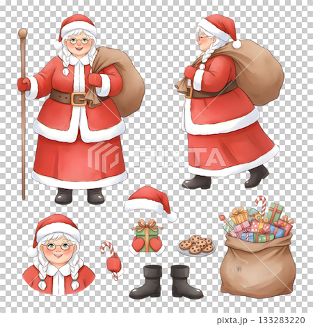 Set of Santa claus women costume characters. Watercolour illustration design 133283220