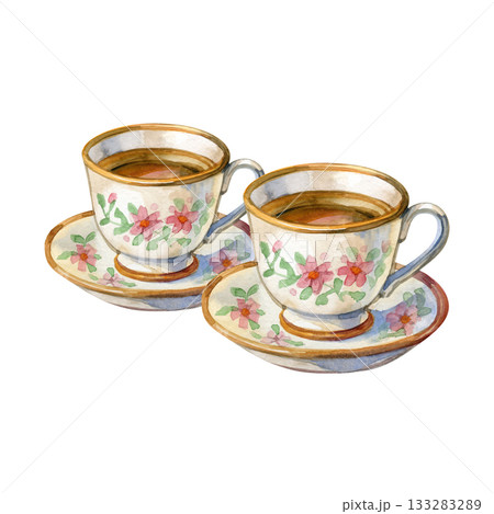 Watercolor floral teacups with hot tea. Warm vintage illustration ideal for caf branding, greeting cards, kitchen d cor, invitations and cozy rustic projects. 133283289