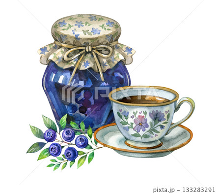Watercolor illustration of a vintage teacup with floral pattern beside a jar of blueberry jam and fresh berries. Cozy cottagecore composition perfect for kitchen prints, packaging, and greeting cards. 133283291