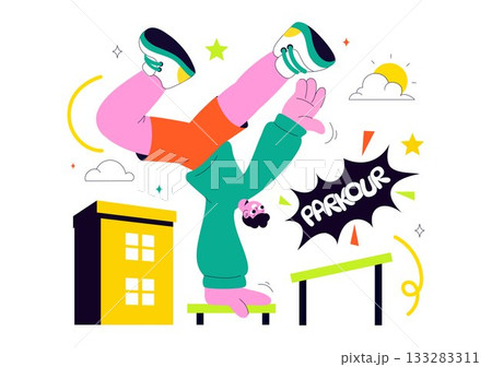 Parkour Sports Illustration Featuring Young Men Leaping Over Walls And Barriers In an Urban Cityscape With Buildings and Streets in the Background 133283311