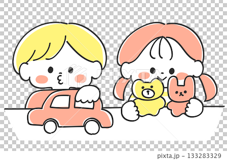 男孩女孩在書桌前玩耍。線條畫。可愛輕鬆的插圖。彩色。 男孩女孩在書桌前玩耍。線條畫。可愛輕鬆的插圖。彩色。 133283329