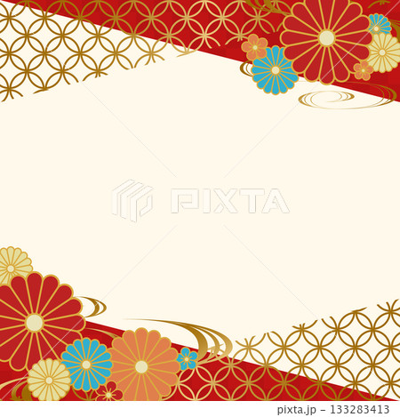 和柄と菊の花の背景フレームイラスト 赤 金 四角 和柄と菊の花の背景フレームイラスト 赤 金 四角 133283413