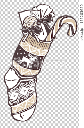 キャンディが詰まったノルディック柄のクリスマスの靴下　筆描き・2色塗り 133283620