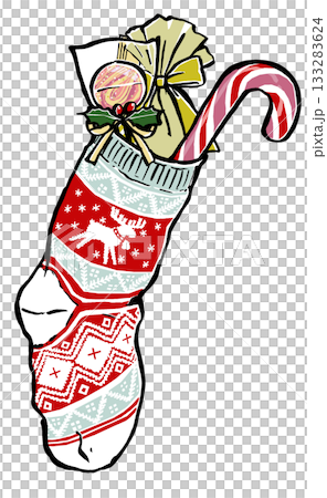 キャンディが詰まったノルディック柄のクリスマスの靴下 筆描き・マット塗り キャンディが詰まったノルディック柄のクリスマスの靴下 筆描き・マット塗り 133283624