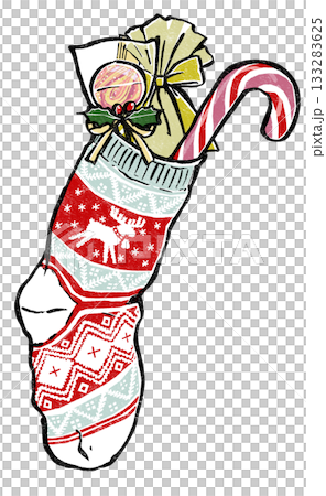 キャンディが詰まったノルディック柄のクリスマスの靴下 版画風 キャンディが詰まったノルディック柄のクリスマスの靴下 版画風 133283625