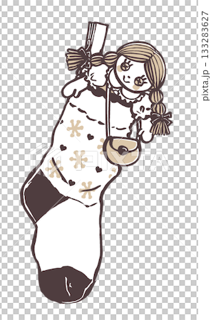 おさげの女の子の布人形が入った雪の結晶とハート模様のクリスマスの靴下 筆描き・2色塗り おさげの女の子の布人形が入った雪の結晶とハート模様のクリスマスの靴下 筆描き・2色塗り 133283627