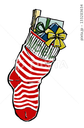 リボンの掛かった小箱が詰まったNoëLと刺繍された横縞柄のクリスマスの靴下 筆描き・マット塗り リボンの掛かった小箱が詰まったNoëLと刺繍された横縞柄のクリスマスの靴下 筆描き・マット塗り 133283634