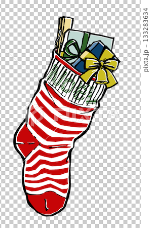 リボンの掛かった小箱が詰まったNoëLと刺繍された横縞柄のクリスマスの靴下 筆描き・マット塗り リボンの掛かった小箱が詰まったNoëLと刺繍された横縞柄のクリスマスの靴下 筆描き・マット塗り 133283634