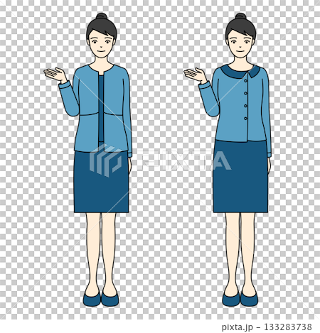 一位身穿亮藍色套裝的女員工的全身插圖，她正在提供指導和解釋。 133283738