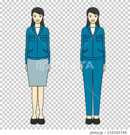 一位身穿藍色工作服的女工程師/工人的全身像，她雙手交握，筆直站立。 133283740