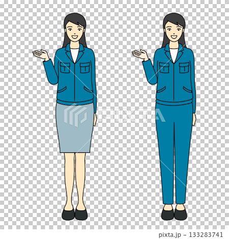 青い作業着姿で現場を案内・説明する女性作業員の全身 青い作業着姿で現場を案内・説明する女性作業員の全身 133283741