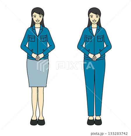 青い作業着で両手を組んで直立する女性社員の全身イラスト 133283742