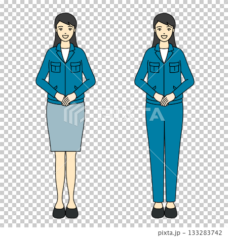 青い作業着で両手を組んで直立する女性社員の全身イラスト 133283742