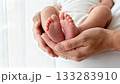 Newborn Baby Feet Close-up in Parent's Hands Gentle Touch 133283910