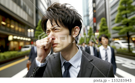 ビジネス街で鼻を押さえてつらそうにする男性会社員 133283943