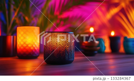 Colorful candles illuminate a vibrant indoor setup creating a warm and inviting atmosphere in the evening 133284367