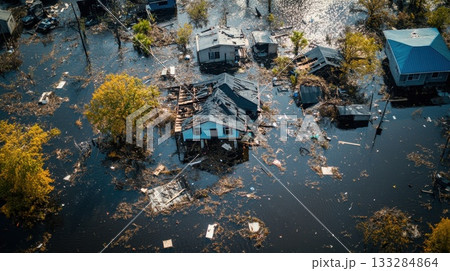 Devastation from floodwaters in a residential area with submerged homes and debris scattered across the landscape in the aftermath of a natural disaster 133284864