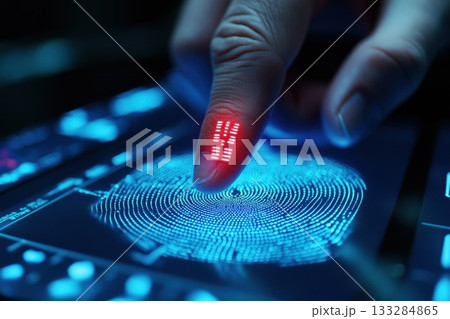 Finger scans biometric data on a futuristic digital interface displaying a holographic fingerprint in a high-tech environment Finger scans biometric data on a futuristic digital interface displaying a holographic fingerprint in a high-tech environment 133284865