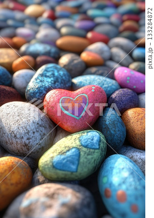 Colorful painted stones arranged on a natural surface with unique designs at a recreational area during daylight Colorful painted stones arranged on a natural surface with unique designs at a recreational area during daylight 133284872