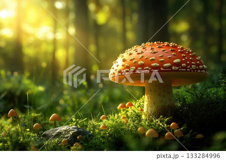 Bright orange mushroom surrounded by small fungi in a sunlit forest during early morning hours with gentle light illuminating the scene 133284996