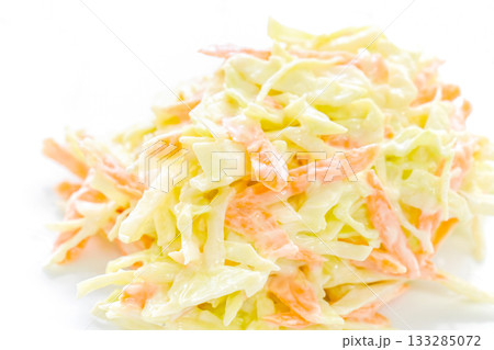 Creamy coleslaw salad on a white plate. 133285072
