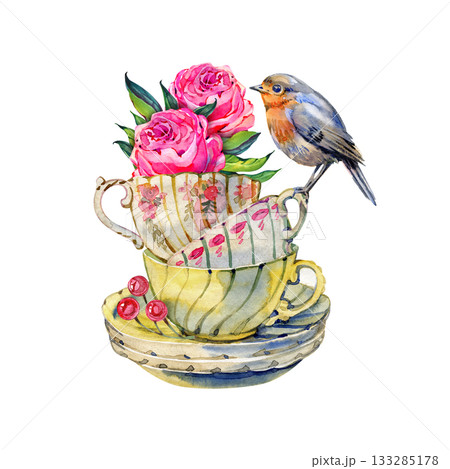 Watercolor vintage teacups with pink roses and a small bird perched on the rim. Cozy cottagecore illustration perfect for greeting cards, prints, packaging, and romantic floral designs. Watercolor vintage teacups with pink roses and a small bird perched on the rim. Cozy cottagecore illustration perfect for greeting cards, prints, packaging, and romantic floral designs. 133285178