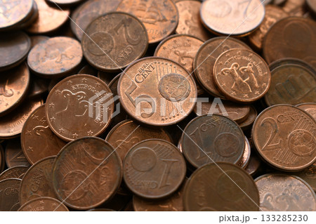Euro cent coins on the table background. 133285230