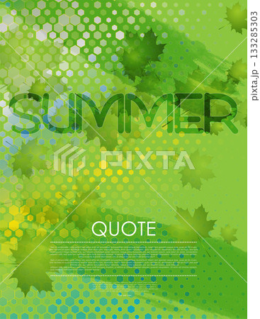 Green modern summer poster background with maple leaves and geometric hexagons 133285303