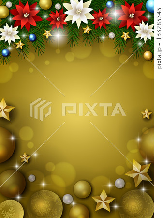 クリスマス背景、ボール、金、ポインセチア、モミの木、かわいい、イラスト、縦 クリスマス背景、ボール、金、ポインセチア、モミの木、かわいい、イラスト、縦 133285345
