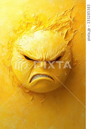 Bright yellow sphere with an angry face protruding from a wall, showing intense emotion and intricate texture during a midday illumination 133285383