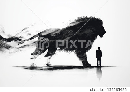 Unique artwork depicting a man standing next to an enormous lion silhouette, showcasing the bond between humans and nature in a striking black and white design Unique artwork depicting a man standing next to an enormous lion silhouette, showcasing the bond between humans and nature in a striking black and white design 133285423