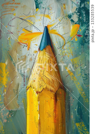 Colorful close-up of a sharpened yellow pencil with vibrant splashes of paint on a textured background capturing creativity and artistic inspiration 133285539