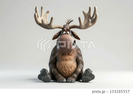 Cartoon moose character with large antlers sitting on a light background in a playful pose, showcasing its friendly expression and fluffy fur texture 133285557