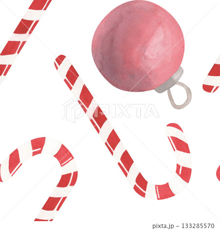 Seamless Christmas pattern with New Year ball and sweets made of sugar cane with red and white stripes. Perfect for postcards, wrapping paper, fabric printing and party invitations 133285570