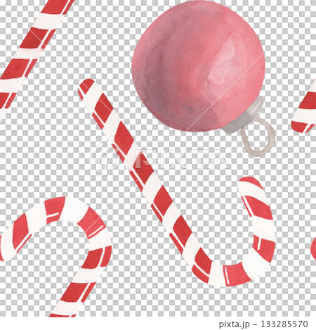 Seamless Christmas pattern with New Year ball and sweets made of sugar cane with red and white stripes. Perfect for postcards, wrapping paper, fabric printing and party invitations 133285570
